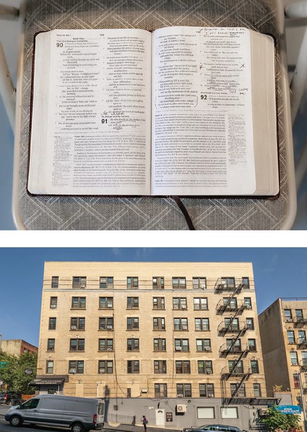 Arriba: Biblia personal de Héctor Vega. Abajo: El edificio de Nueva York donde se reúne la iglesia que Vega pastorea.