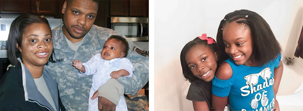 Esquerda: Após entrar em menopausa precoce, Roslyn Cheatham, de Mooresville, na Carolina do Norte, e seu marido, Joe (que segura a filha mais velha, Joslyn), encontraram o NEDC on-line e buscaram a adoção de embriões. Roslyn é apaixonada por adoção, pois ela mesma foi adotada. À direita: Marissa e Joslyn, as filhas adotadas pelos Cheathams em estágio embrionário, têm agora 12 e 15 anos.
