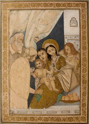 Adoration of the Christ Child, from the Muraqqa of Nana Phadnis, Mughal India, 1620–30, Collection of Chhatrapati Shivaji Maharaj Vastu Sangrahalaya. Adoration of the Christ Child, from the Muraqqa of Nana Phadnis, Mughal India, 1620–30, Collection of Chhatrapati Shivaji Maharaj Vastu Sangrahalaya.