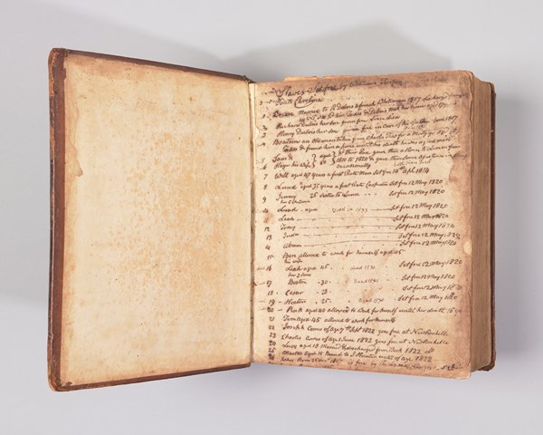 One of the first pages in the Bible with a handwritten list of names of enslaved people Turpin freed between 1807 and 1826.