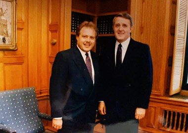 Brian C. Stiller of the Evangelical Fellowship of Canada pictured with then-prime minister Brian Mulroney