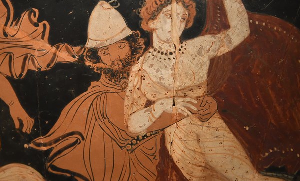 Painted pottery depicting Hades, the Greek god of the dead, abducting Persephone, the daughter of Zeus.