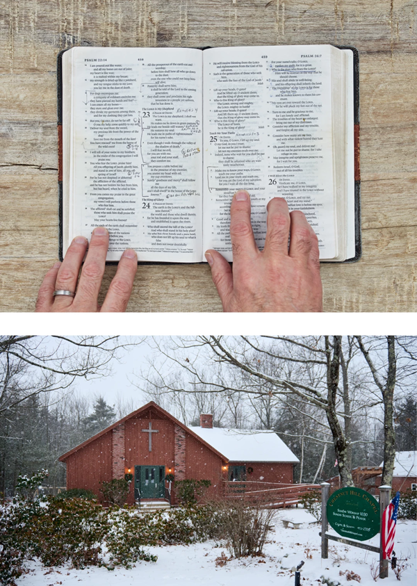Atas: Alkitab pribadi Randy Loubier. Bawah: Gereja Loubier di New Boston, New Hampshire.