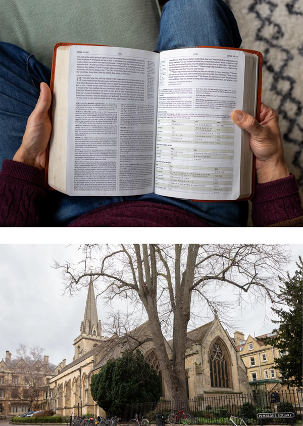 Arriba: Biblia personal de Rahil Patel. Abajo: La iglesia de Patel en Oxford, Inglaterra.