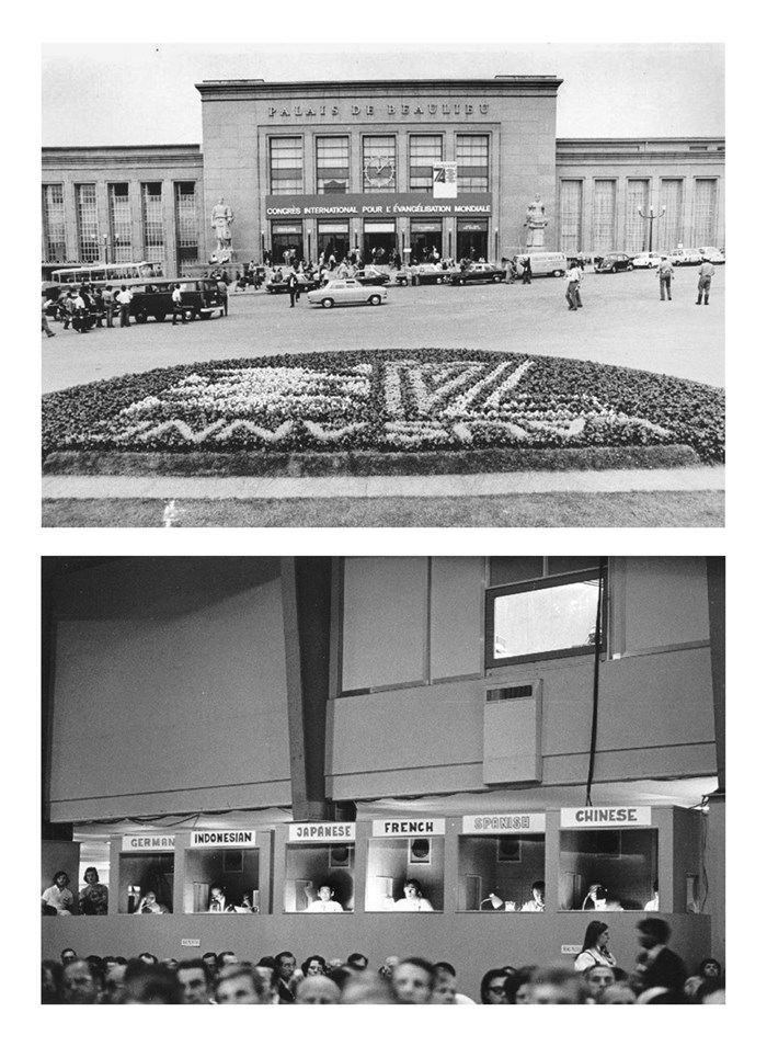 Top: Participants arrive at the Palais de Beaulieu in Lausanne, Switzerland, in 1974. Bottom: Booths translate Lausanne plenary sessions into the six official languages of the congress.