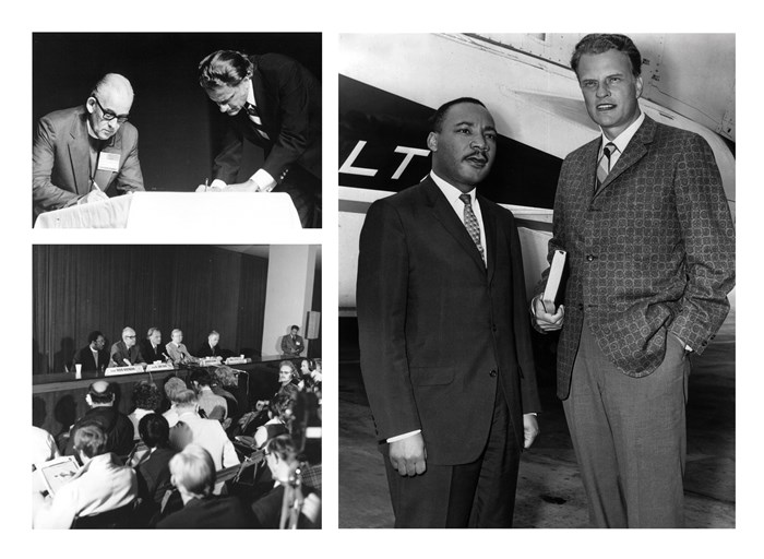 Top left: A. Jack Dain and Billy Graham sign the Lausanne Covenant at the closing ceremony of Lausanne, 1974. Bottom left: Leaders of the Lausanne congress during a press conference, 1974. Right: Martin Luther King Jr. and Billy Graham.