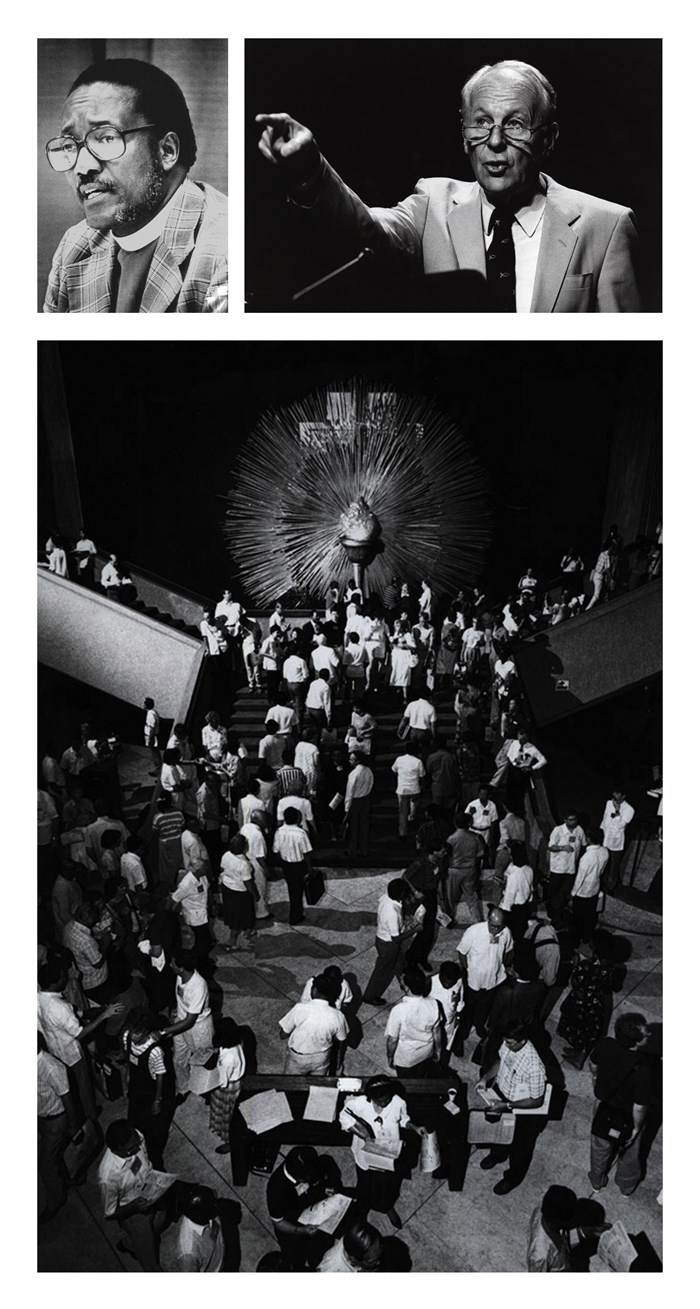 Top left: Festo Kivengere. Top right: John Stott. Bottom: Attendees at Lausanne II in 1989.