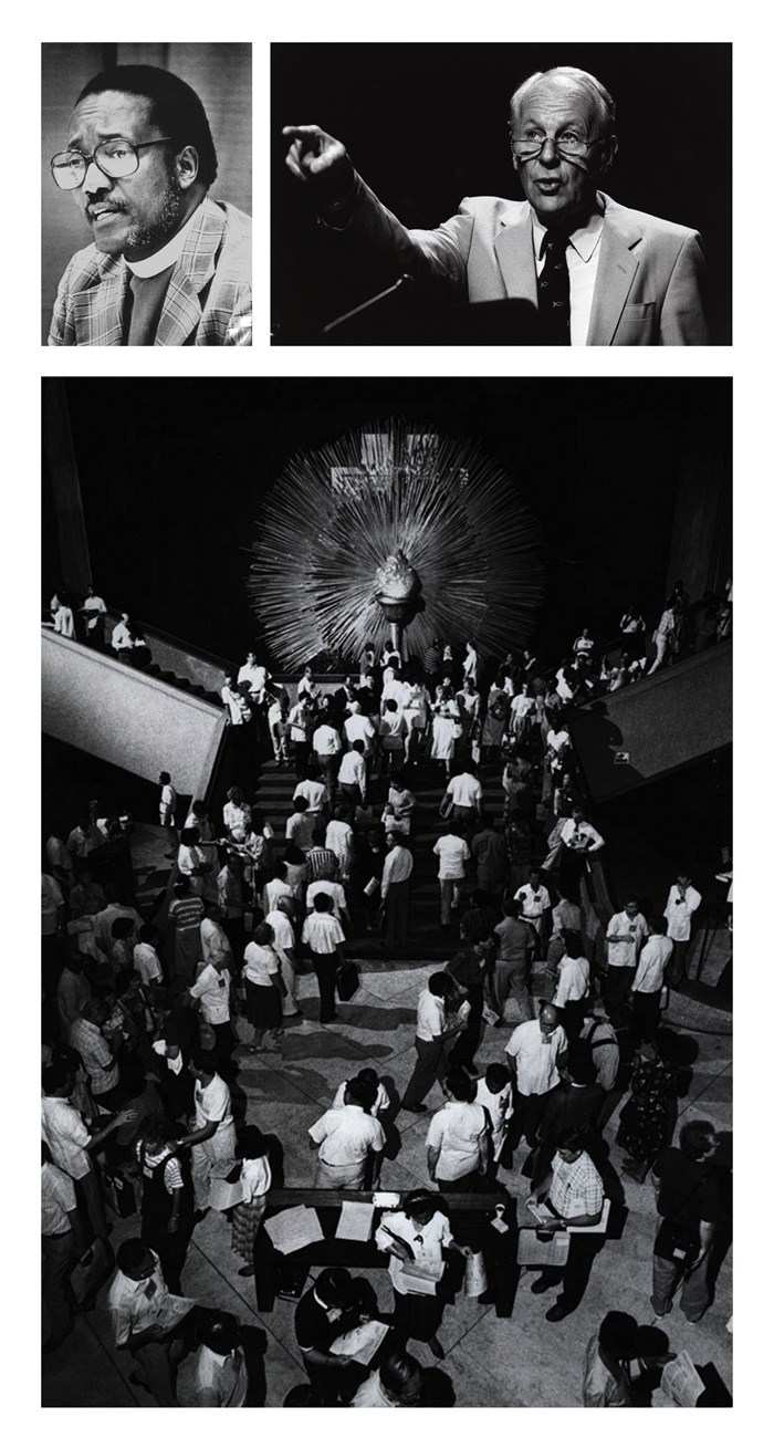 Top left: Festo Kivengere. Top right: John Stott. Bottom: Attendees at Lausanne II in 1989. Top left: Festo Kivengere. Top right: John Stott. Bottom: Attendees at Lausanne II in 1989.