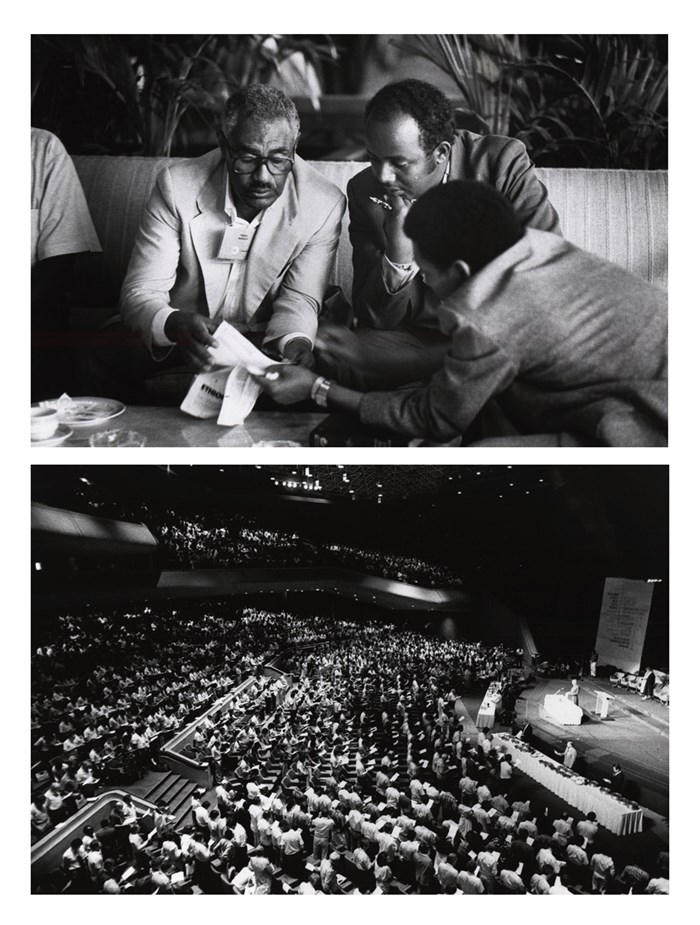 Top: Attendees discuss the program at Lausanne II, 1989. Bottom: A keynote session during Lausanne II.