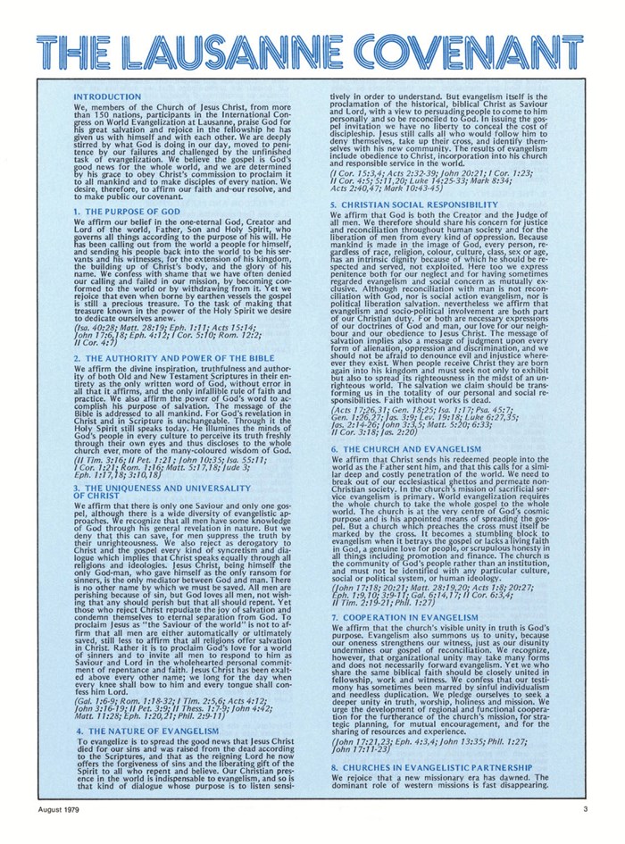 The covenant as distributed by the Lausanne Committee for World Evangelization in the 1970s. The covenant as distributed by the Lausanne Committee for World Evangelization in the 1970s.