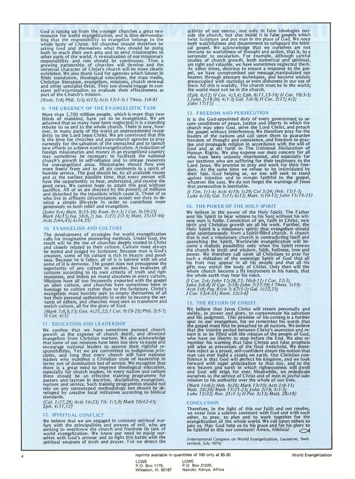 The covenant as distributed by the Lausanne Committee for World Evangelization in the 1970s. The covenant as distributed by the Lausanne Committee for World Evangelization in the 1970s.