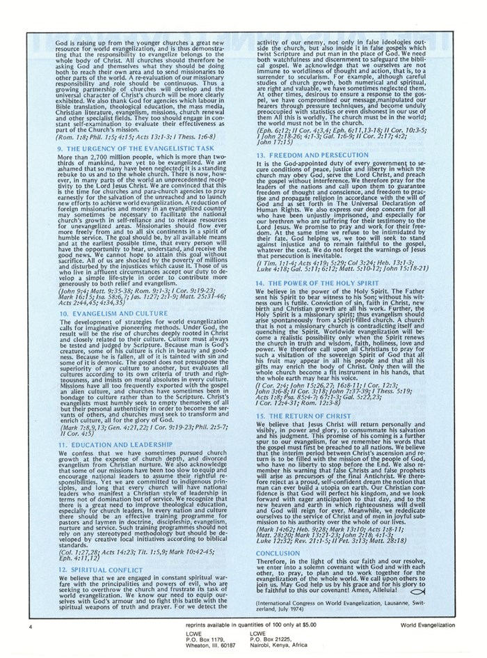 The covenant as distributed by the Lausanne Committee for World Evangelization in the 1970s.