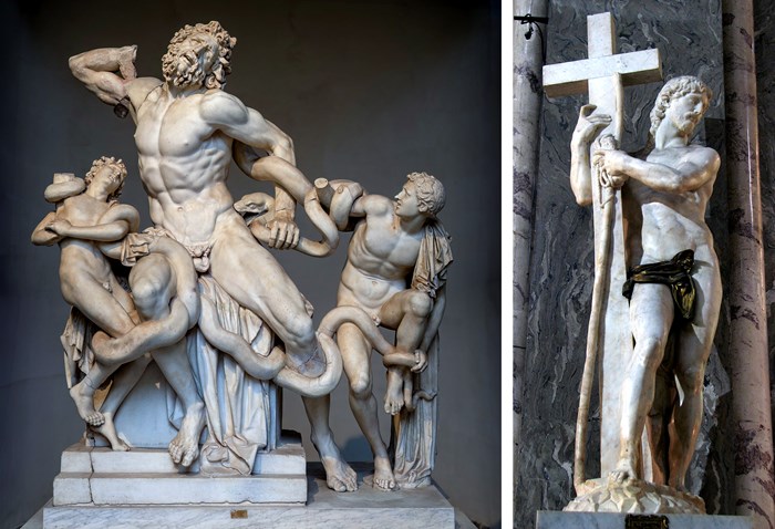 The classical statue of Laocoön, unearthed in 1506, and one example of Michelangelo’s alluring Christian responses, Cristo della Minerva (1519–1521).