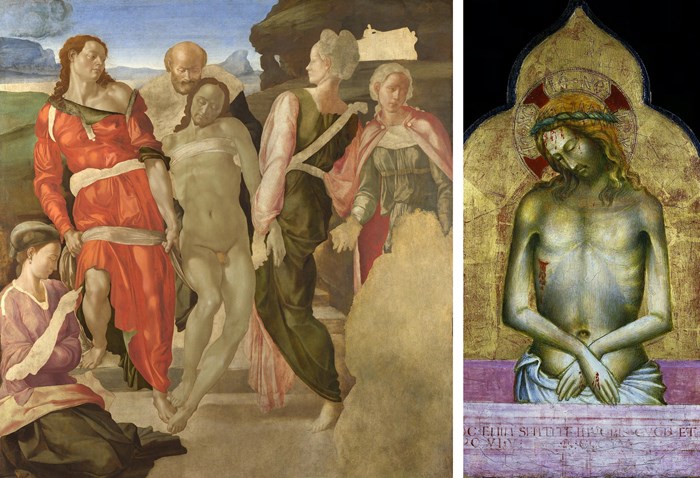 Michelangelo's Entombment (1500-1501) and the Humble Ancient Icon (1405) helped inspire it. 