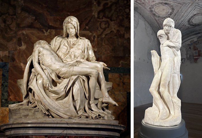 Michelangelo’s early Pietà (1498–99) and his late Rondanini Pietà (1564).