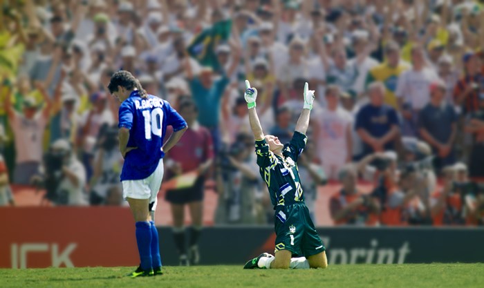 Brazilian goalkeeper Taffarel (right) celebrates after Roberto Baggio of Italy (left) misses his kick at the FIFA World Cup.