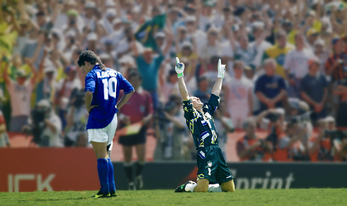 O goleiro brasileiro Taffarel (à direita) comemora depois que Roberto Baggio, da Itália (à esquerda), erra seu chute na Copa do Mundo da FIFA.