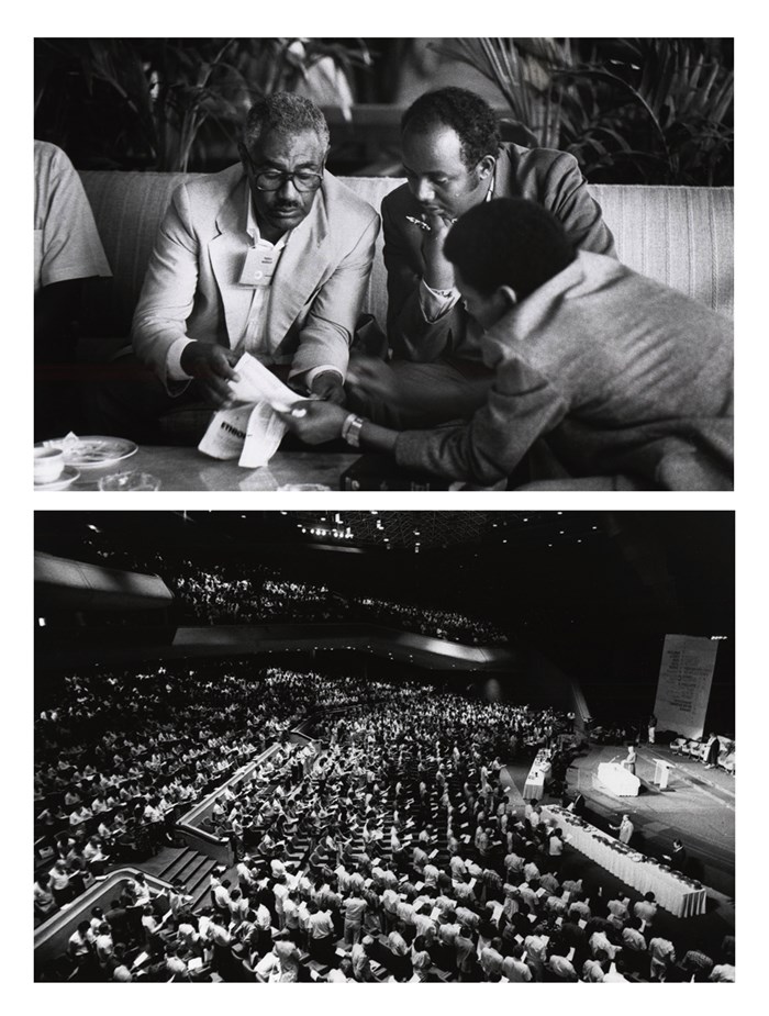 Acima: Participantes discutem o programa em Lausanne II, 1989. Abaixo: Uma das sessões principais, durante Lausanne II.