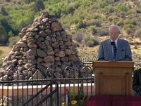 Gordon Hinckley, president of the Mormon Church, speaking at a memorial ceremony