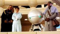 Zaphod, Trillian, Marvin the robot, and Ford aboard the bridge of the Heart of Gold