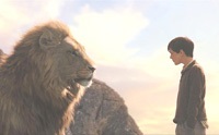 Aslan has a private word with Edmund (Skandar Keynes) after rescuing him from the Witch