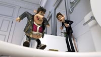Roddy (voiced by Hugh Jackman, right), a pampered pet mouse, thinks he has finally gotten rid of Sid (Shane Richie), a common sewer rat, by luring him to the 'whirlpool'
