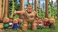 The dim-witted Woodsman (James Belushi) leads yodeling children through the forest