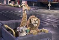 Larry the Anaconda, Nigel the Koala, Bridget the Giraffe, and Samson the Lion try to escape the asphalt jungle