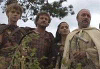 Romulus (Thomas Sangster) with Aurelius, Mira, and Ambrosinus (Ben Kingsley)