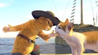 Puss In Boots (Antonio Banderas) bids adieu to one of his feline admirers