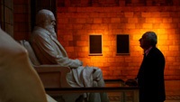 Stein considers a statue of Darwin