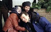 Kate Winslet, Charlie Kaufman, and Michel Gondry on the set