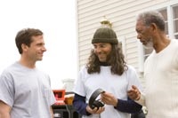 Steve Carell and Morgan Freeman with Shadyac while filming 'Evan'