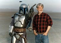 Lucas and Jango Fett on the set of Episode II