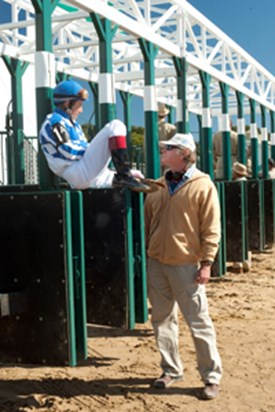 Wallace on the set with actor Otto Thorwarth, who plays the jockey