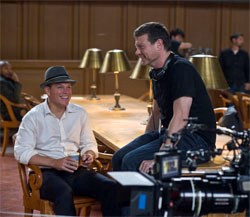 Director George Nolfi (right) on the set with Matt Damon