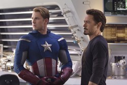 Chris Evans as Captain America, Robert Downey Jr. as Tony Stark