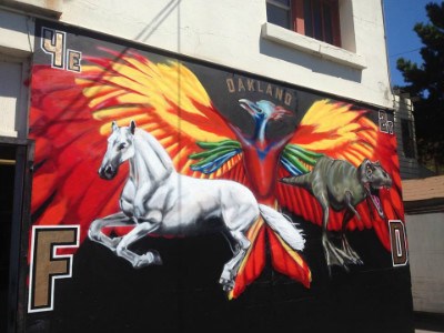 The finished product at the Oakland Fire Station. The phoenix is 'the symbol the old school fighters used for rebirth coming from the destruction of fire,' says Kim.