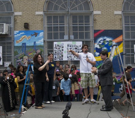 Jay and other community leaders mark the completion of the school Welcome mural in 2011. Jay and other community leaders mark the completion of the school Welcome mural in 2011.