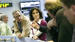 Fabiola Gianotti celebrating in the ATLAS control room, March 29, 2010, the day of First High Energy Collisions 