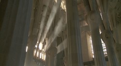 Light streams into the interior La Sagrada Familia, the unfinished church in Barcelona designed by Antonio Gaudi.