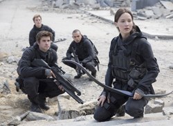 Evan Ross, Jennifer Lawrence, Liam Hemsworth and Sam Claflin in 'The Hunger Games: Mockingjay - Part 2'
