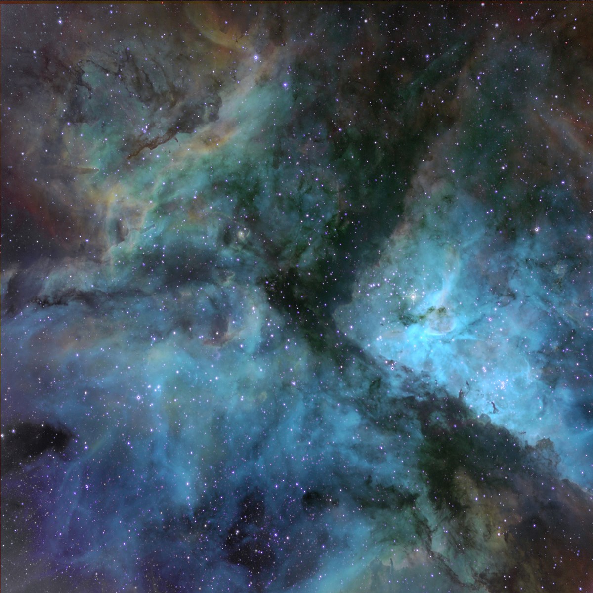 Spanning 300 light years, the Grand Nebula in the constellation Carina is much larger than the Orion Nebula, but less well known because it’s in the southern sky. (The colors here have been reassigned to accentuate the different elements in the cloud.)