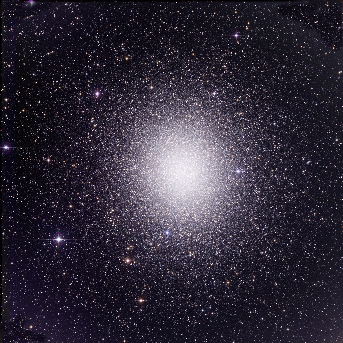With several million stars, Omega Centauri is the most magnificent example of a globular star cluster in our galaxy. At its core, the average separation between stars is a mere 0.1 light years. By contrast, the closest known star to our Sun, Proxima Centauri, is 4.2 light years away.