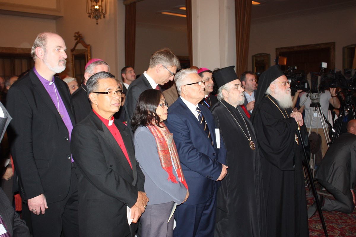 The WEA's Efraim Tendero and his wife listen to the Albanian president, alongside Thomas Schirrmacher (left) and the president of the Albanian Evangelical Alliance (right).