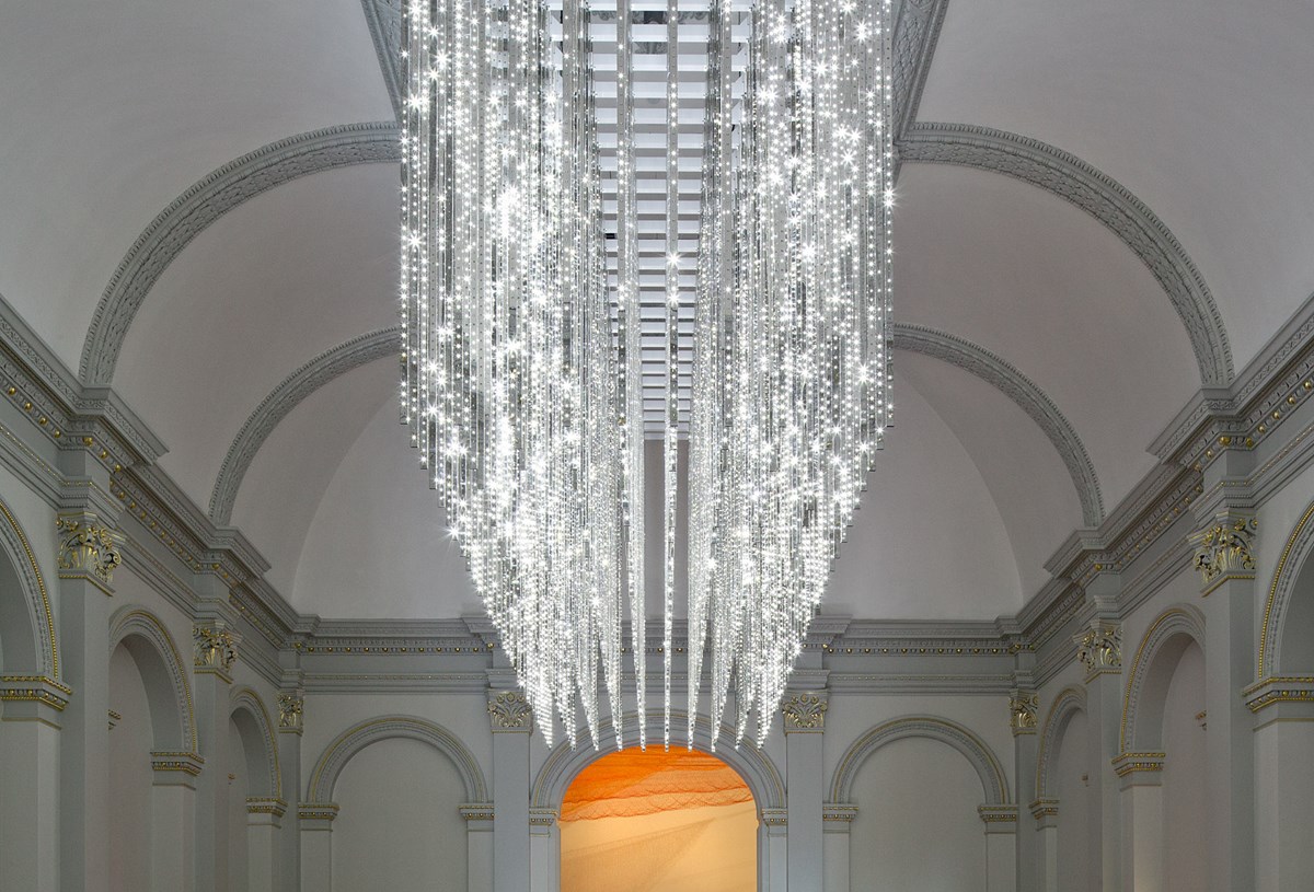 The lighting sequences in “Volume (Renwick)” by Leo Villareal, which uses 23,000 LED bulbs in 320 steel rods, never repeat.