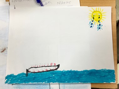 A refugee child's rendition of the dangerous sea crossing from Turkey to Greece. A refugee child's rendition of the dangerous sea crossing from Turkey to Greece.