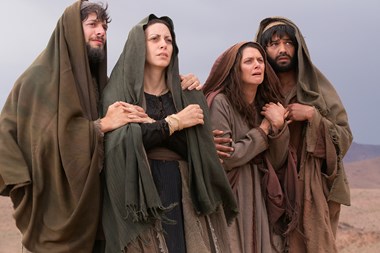 James the Just (far left) is standing next to Mary at the cross in this image from 'Killing Jesus.'