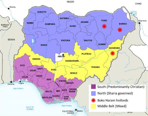 Nigeria has a mostly Muslim north and mostly Christian south. Nigeria has a mostly Muslim north and mostly Christian south.