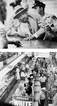 TOP: Dr. Martin Luther King Jr. being arrested, Montgomery, Alabama, 1958. Photo by AP BOTTOM: Sit-in at Katz Drug Store, Oklahoma City, 1958. Photo by John Melton Collection / Oklahoma Historical Society TOP: Dr. Martin Luther King Jr. being arrested, Montgomery, Alabama, 1958. Photo by AP BOTTOM: Sit-in at Katz Drug Store, Oklahoma City, 1958. Photo by John Melton Collection / Oklahoma Historical Society